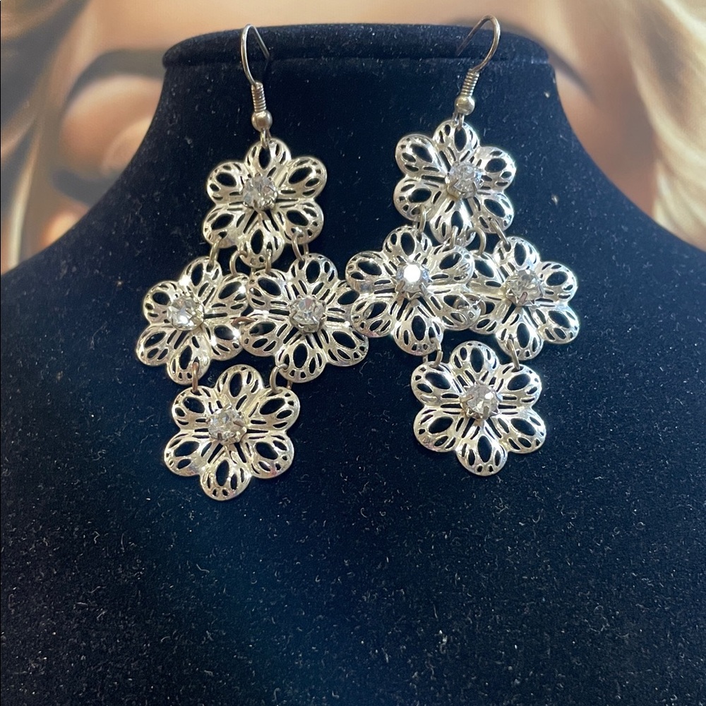 Elegant Silver Floral Cross Drop Earrings